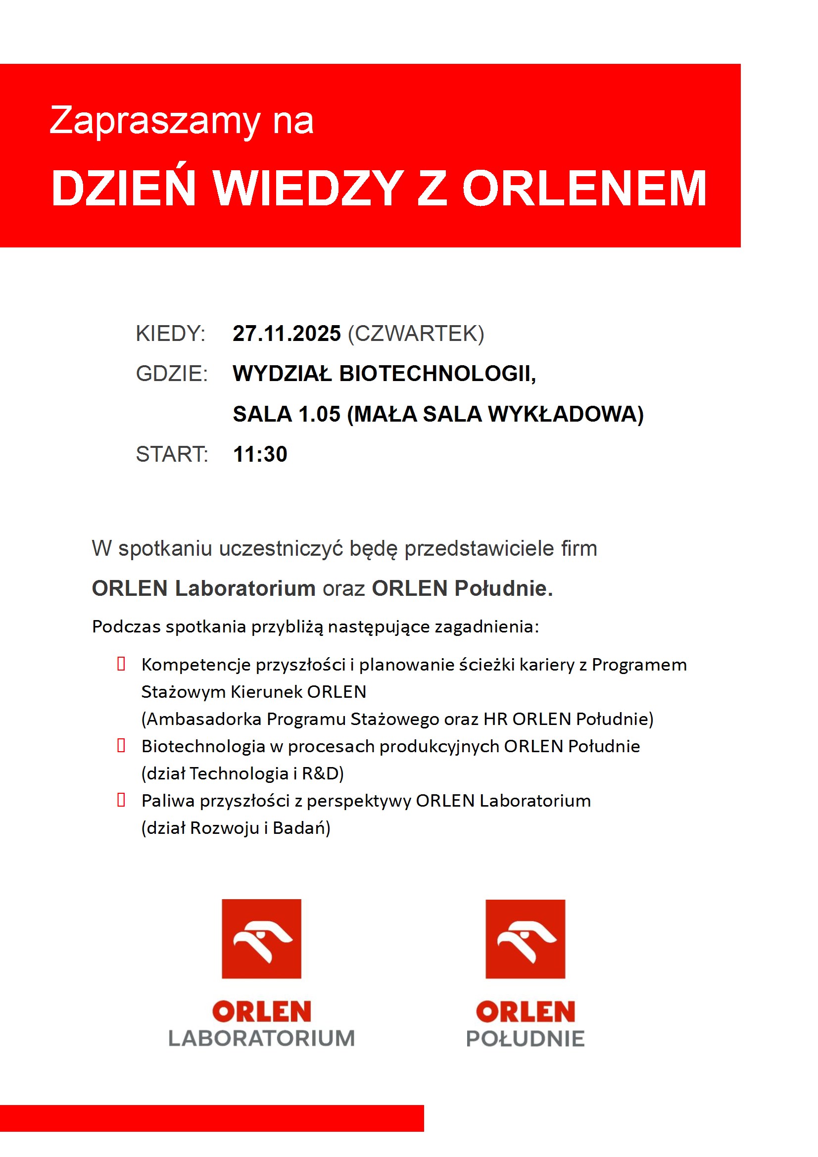 Plakat z informacjami o wydarzeniu Dzień wiedzy z Orlenem na Wydziale Biotechnologii UWr