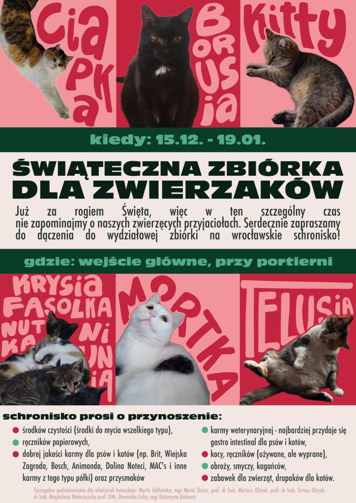 plakat z kotami informujący o zbiórce na schronisko dla zwierząt