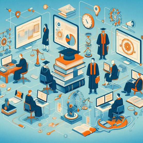 Grafika rysunkowa przedstawiająca postacie i przedmioty związane z nauką