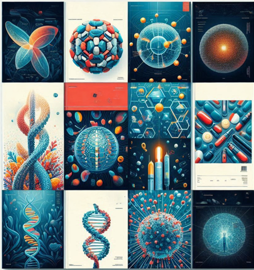 Grafika przedstawiająca różne cząsteczki elementarne - grafika poglądowa