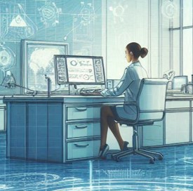 Kobieta siedząca przed biurkiem w laboratorium - grafika poglądowa